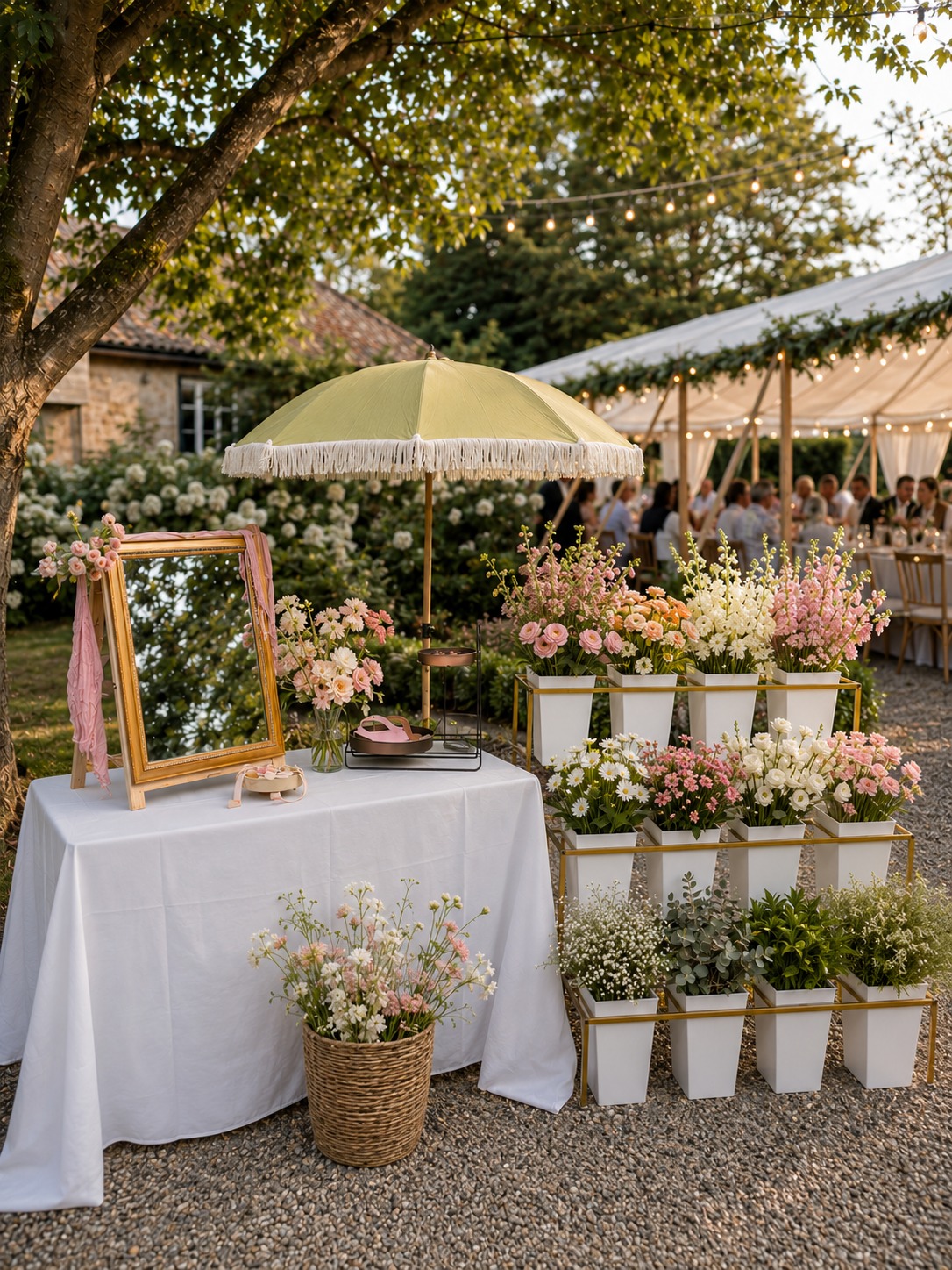Bloemenbar opstelling op locatie met verse seizoensbloemen, gouden spiegel en parasol